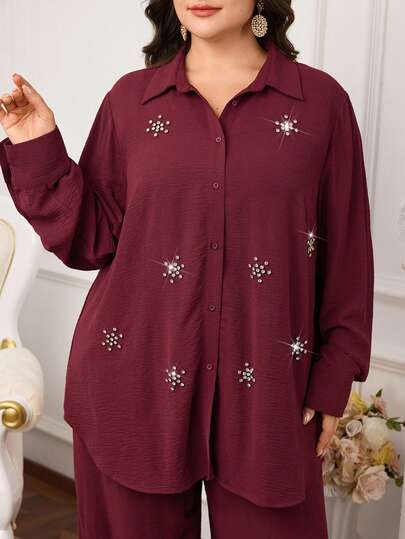 Modelyn 2pcs Plus Size Casual Rhinestone Button Cardigan Top And Pants Set, Autumn