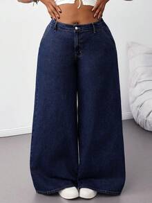 SHEIN Tall CURVE 大码夏季秋季返校季可爱2000年代风格卡哇伊Y2K机场休闲老钱风图卢姆水洗低腰阔腿蓝色宽松牛仔裤 - 深色水洗藍 - 查看 7