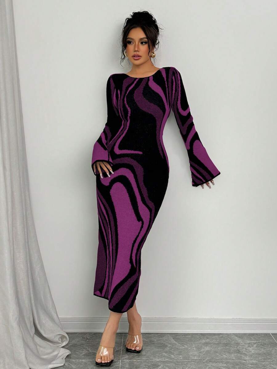 Elenzga Women's Color Block Fitted Waist All-Over Print Long Sleeve Sweater Dress - Purple - View 1