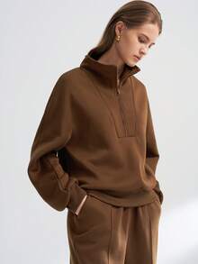 Airaco 女士休闲纯色半开领口袋连帽衫，直筒卷边运动裤，两件套，适合春秋冬 - 棕色 - 查看 4