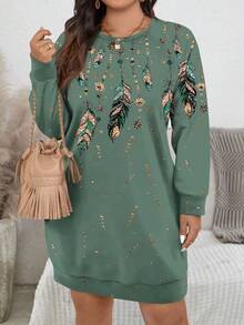 EMERY ROSE Vintage Gold Feather Print Casual Minimalist Plus Size Sweatshirt, Suitable For Party, Autumn/Winter - Multicolor - View 6