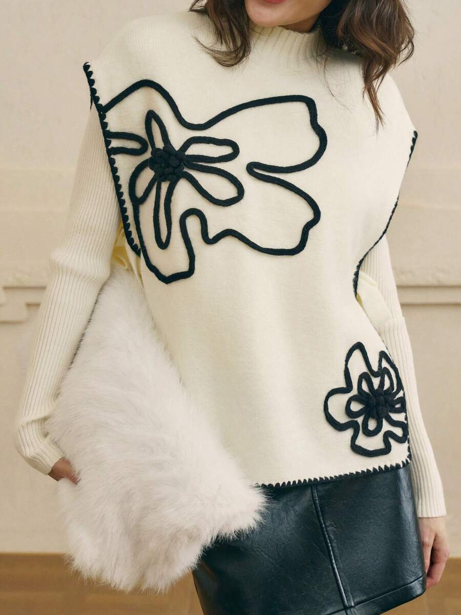 Cévolie 女式休闲花卉图案蝙蝠袖针织上衣，秋冬 - 彩色 - 查看 1