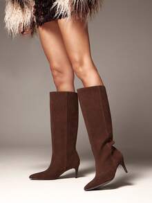 SHUZIA Women Low Heel Minimalist Basic Everyday Comfort Faux Suede Knee-High Boots For Christmas - Chocolate Brown - View 2