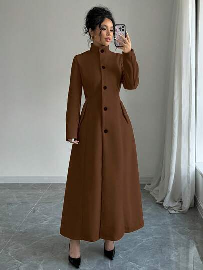 Elenzga 女式纯色立领长袖单排扣优雅大衣，秋冬