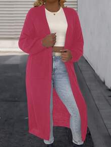 SHEIN LUNE 大码女式纯色落肩长袖休闲长款针织开衫，秋冬 - 玫紅色 - 查看 4