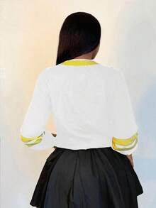 BamGleam 新款秋冬黑撞色黄色女毛衣纽扣开衫撞色边绣花纽扣毛巾绣字母V领长袖舒适运动毛衣开衫 - 白色 - 查看 2