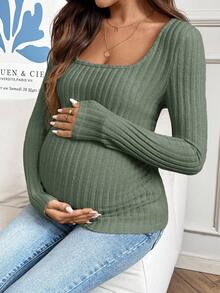 SHEIN Maternity Autumn Simple Solid Color Ribbed Fitted Crew Neck Long Sleeve T-Shirt - Green - View 1