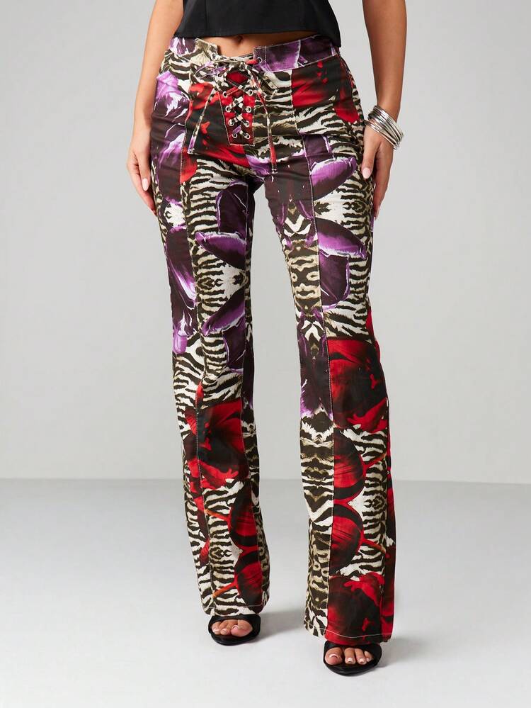 MISSGUIDED Mixed Animal Print Low Rise Lace Up Flare Jeans With Purple Rose Pattern Stretch Denim Bottom