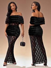 Radiana Autumn Elegant Black Floral Lace & Faux Fur Patchwork Long Dress,Off Shoulder Sheer Mesh Maxi Formal Gown For Dinner,Parties,Birthday Outfit Slay Diva - Black - View 1