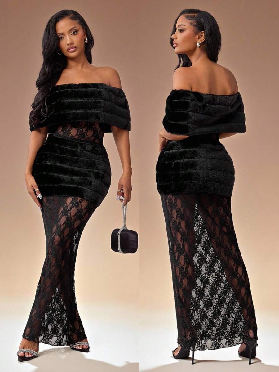 Radiana Autumn Elegant Black Floral Lace & Faux Fur Patchwork Long Dress,Off Shoulder Sheer Mesh Maxi Formal Gown For Dinner,Parties,Birthday Outfit Slay Diva - Black - View 1