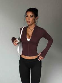 Dewbera Women's Casual Running Fitness Sports Jacket Brown Gym Top Brown Athletic Top - Rust Brown - View 7