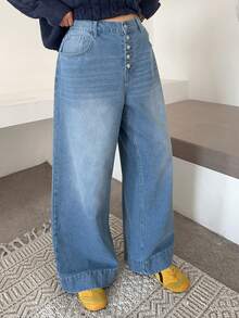 Dazy Plus Calça jeans feminina longa, azul, plus size, com 5 botões, solta, perna reta, lavada, adequada para todas as estações - Lavagem leve - Ver 4