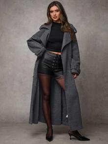 SHEIN BAE 1 件女式纯色长袖纽扣前系带休闲夹克，适合秋冬季日常穿着 - 深灰色 - 查看 1