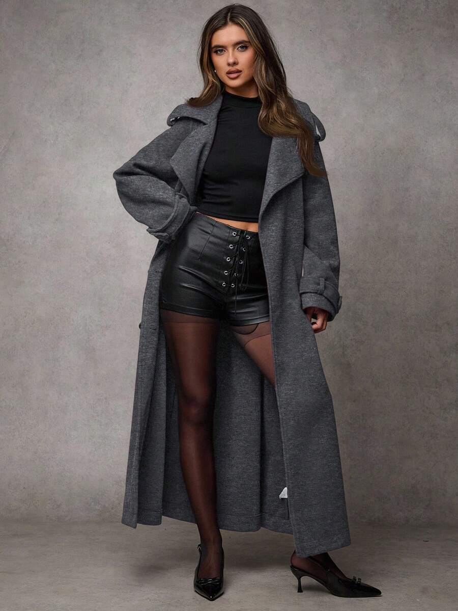 SHEIN BAE 1 件女式纯色长袖纽扣前系带休闲夹克，适合秋冬季日常穿着 - 深灰色 - 查看 1