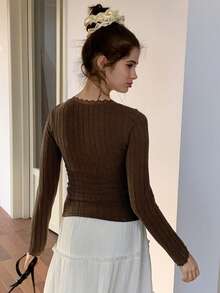 DAZY T-shirt décontracté à manches longues, col rond, avec nœud décoratif, en couleur unie et patchwork de dentelle, côtelé et slim, pour adolescentes - Tabac - Voir 6