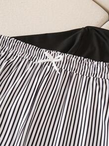Teen Girl Round Neck Short Sleeve Casual Summer T-Shirt And Striped Pants Set - Black - View 3