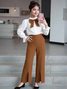 SHEIN 2 件套女童拼色蝴蝶结装饰长袖上衣和裤子，适合春秋季 - 駝色 - 查看 2