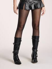 ROMWE Grunge Punk 1 par de medias con estampado de esqueleto sexy, pantimedias de color negro sólido de estilo minimalista Y2K, leggings transparentes súper delgados y elásticos - Negro - Ver 1