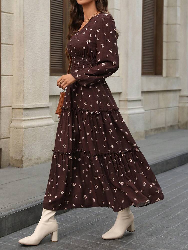 Women's Elegant Ditsy Floral Long Dress, Suitable For Commuting Long Sleeve Floral Maxi Dress Boho Long Dress Women's Long Floral Dress Long Casual Dress Autumn Dress