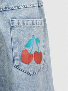 SHEIN Explorewe Tween Girl Girls' Casual Cute Cherry Print Loose Fit Jeans, Featuring Vivid Cherry Graphic With Green Stems Scattered On The Sides, Relaxed Silhouette Suitable For School Uniform, Christmas, Party, School, Vacation, Casual Wear - Blue - View 7