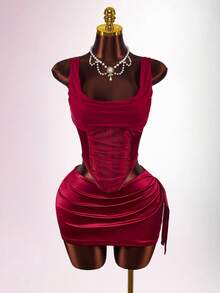 Amplova 女士鱼骨文胸上衣两件套，性感前卫，适合秋冬派对装搭配裹身性感迷你裙 - 紅色 - 查看 4