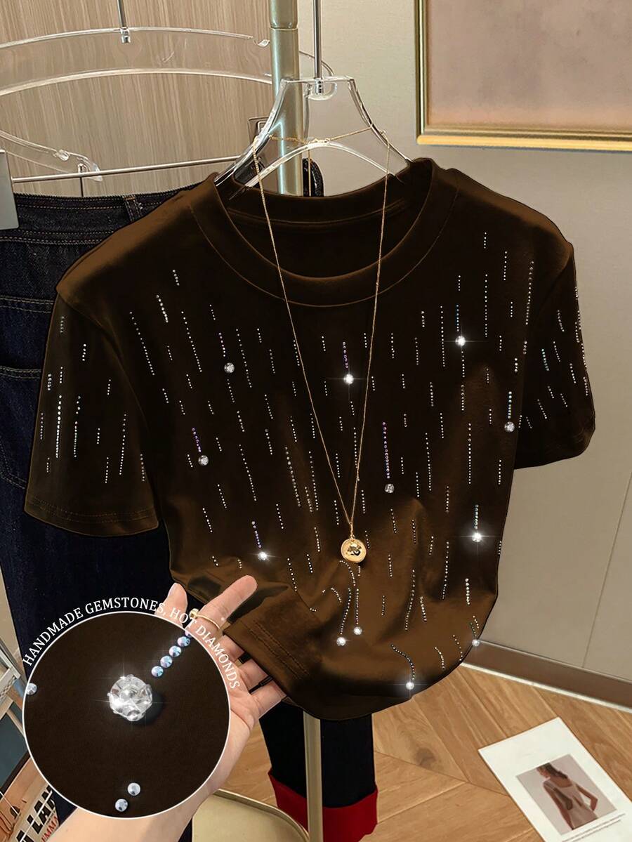 Resyla Áo thun cổ tròn tay ngắn đính hạt lấp lánh + đá Rhinestone dành cho nữ - màu nâu - Xem 1