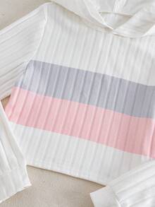 SHEIN Explorewe 青少年女孩撞色长袖连帽休闲条纹宽松罗纹两件套 - 粉色 - 查看 4