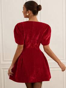 EMERY ROSE Tulip 3D Short Sleeve Round Neck Hem Split Puff Skirt Mini Princess Dress For Women - Burgundy - View 2