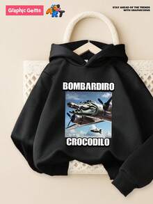 Tween Boys Casual Fashion Funny Cartoon Letter & Airplane Crocodile Pattern Hooded Long Sleeve Sweatshirt, Autumn/Winter Fall - Black - View 5