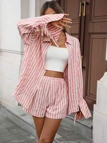 INAWLY 2pcs Women Casual Striped Front Button Shirt And Shorts Set Fall Cloth For Women - Pink - View 6