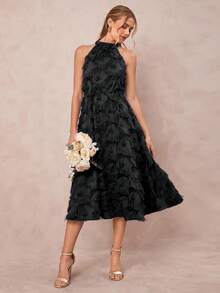 Amorya 女式优雅提花纹理挂脖收腰 A 字连衣裙，春夏 - 黑色 - 查看 5