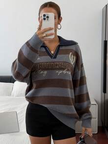 Livesso Women's Loose Business Casual Striped Letter Pattern Knit Pullover Sweater, Fashionable Street Style For School Season, Autumn/Winter - Blue - View 6