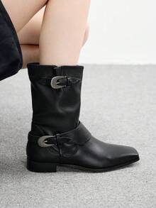 CUCCOO BIZCHIC Women's Buckle Design Pointed Toe Chunky Heel Mid-Calf Boots, Fashionable For Daily Wear - Black - View 5