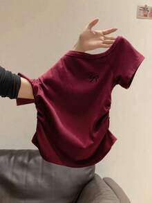 INAWLY 女式夏季新款性感不对称肩部蝴蝶结刺绣荷叶边修身露肩T恤