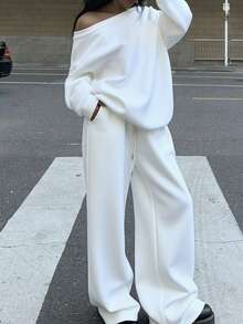 SHEIN EZwear 2 件套女士宽松露肩运动衫和阔腿运动裤套装，厚保暖内衬，适合秋冬、秋季 - 白色 - 查看 5