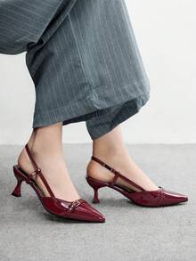 CUCCOO BIZCHIC 尖头小猫跟时尚勃艮第酒红色日常百搭通勤女士高跟鞋带踝带，适合工作、购物、办公室 - 酒紅色 - 查看 4
