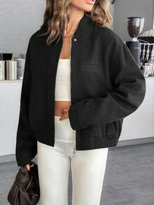 EURMUSE Women's Cropped Bomber Jacket With Elastic Hem And Minimalist Design, Stylish And Versatile Outerwea - Black - View 5