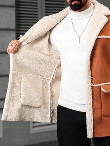 Manfinity Homme Men's Solid Color Double Breasted Casual Jacket, Fall/Winter, Mix And Match Fall Men Clothes, Winter Men Khaki Coat, Fleece Warm Coat Men Long Coat Men Shearling Coat Men Outerwear Earthy Coat Men Burnt Orange Coat Men - Brown - View 7