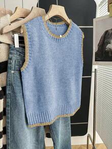 Franclia Casual Loose Crew Neck Sleeveless Knit Contrast Trim Khaki Sweater Top For Women, Spring/Autumn - Blue and White - View 3