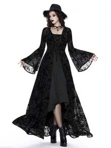 Breakform 女式哥特式纯色两件套连衣裙，可调节肩带，收腰，不对称下摆，包括 V 领带吊带裙和喇叭袖高开衩植绒花卉覆盖连衣裙 - 黑色 - 查看 1