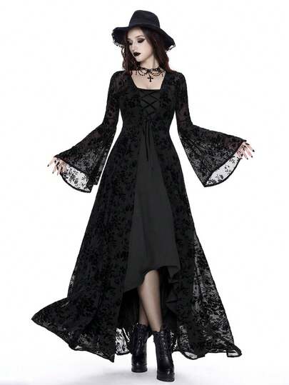 Breakform 女式哥特式纯色两件套连衣裙，可调节肩带，收腰，不对称下摆，包括 V 领带吊带裙和喇叭袖高开衩植绒花卉覆盖连衣裙