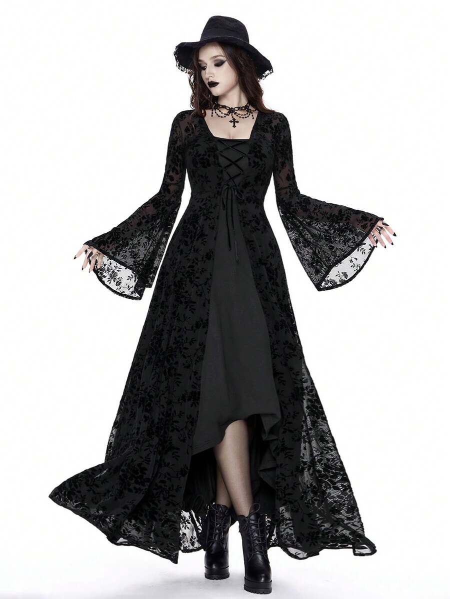 Breakform 女式哥特式纯色两件套连衣裙，可调节肩带，收腰，不对称下摆，包括 V 领带吊带裙和喇叭袖高开衩植绒花卉覆盖连衣裙 - 黑色 - 查看 1