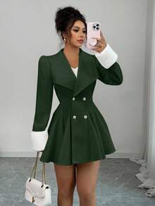 Elenzga Áo khoác len dày dặn dáng chữ A, cổ bẻ, ve bo, eo, chất liệu lông chồn dành cho nữ, thanh lịch, dễ mặc hàng ngày - Màu xanh lá cây đậm - Xem 3