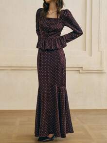 Cévolie 女士优雅波尔卡圆点印花方领上衣和长裙两件套 - 棕色 - 查看 3