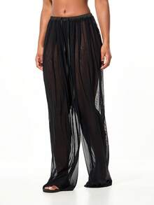 SUMWON WOMEN 褶皱网眼阔腿裤，腰部抽绳，沙滩罩衫，夏季休闲装 - 黑色 - 查看 6