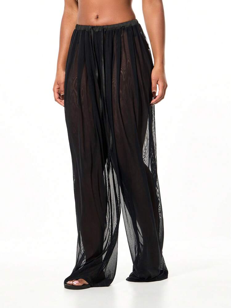 SUMWON WOMEN Pantalones palazzo de pierna ancha con pliegues de malla y cordón en la cintura, como prenda de playa y ropa de estar en casa para el verano