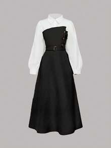 青少年女孩优雅长袖衬衫领连衣裙，二合一设计，非常适合春季、秋季和冬季休闲通勤穿着 - 黑與白 - 查看 3