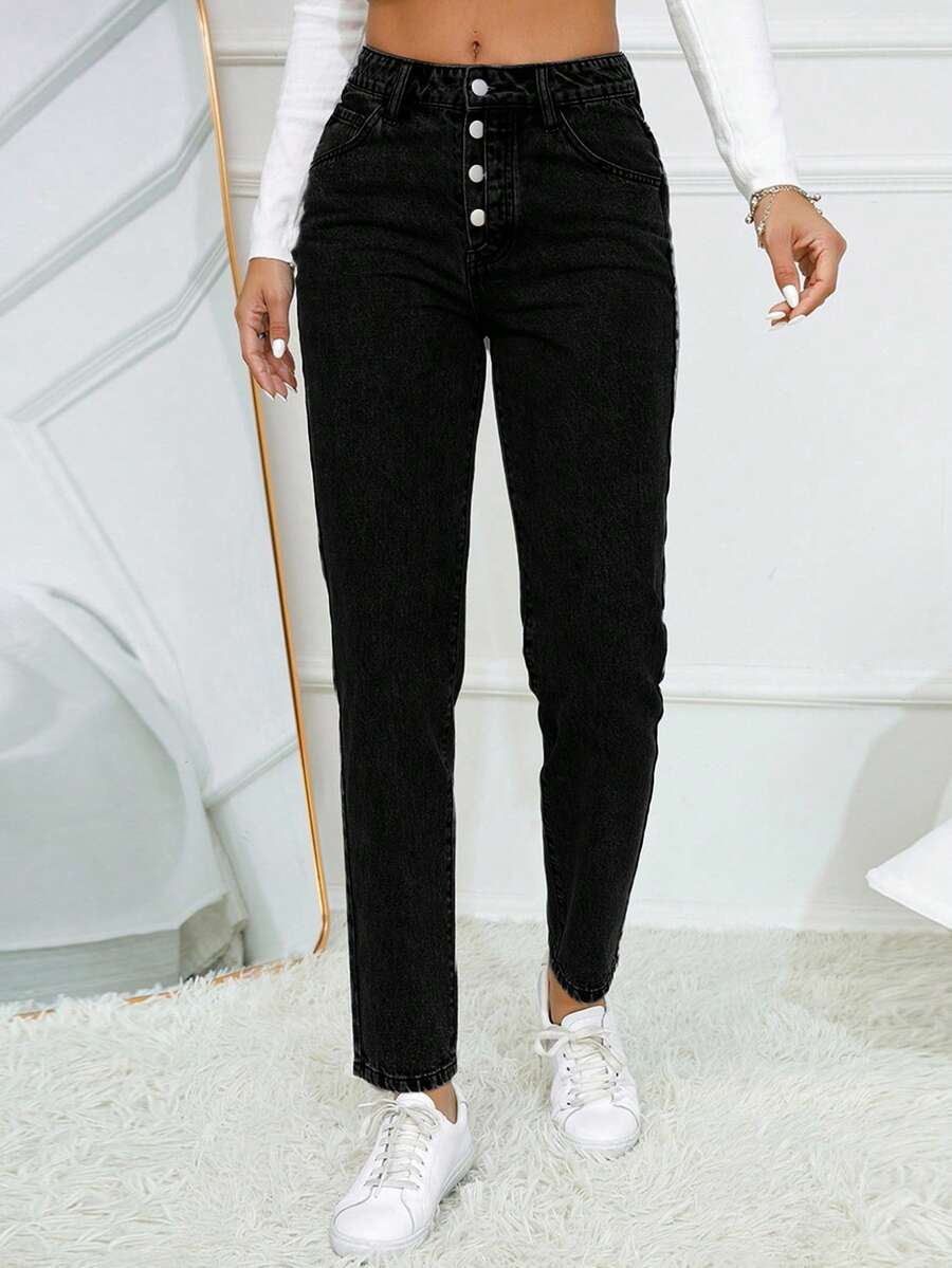 SHEIN Essnce Damen Einfarbige Lässig Alltagsjeans mit Gürtel - Schwarz - Übersicht 1