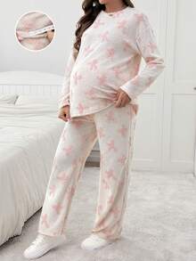 SHEIN Bộ 2 món áo trễ vai và quần nơ trang trí thường ngày cho bà bầu, Thu/Đông - Màu be - Xem 6