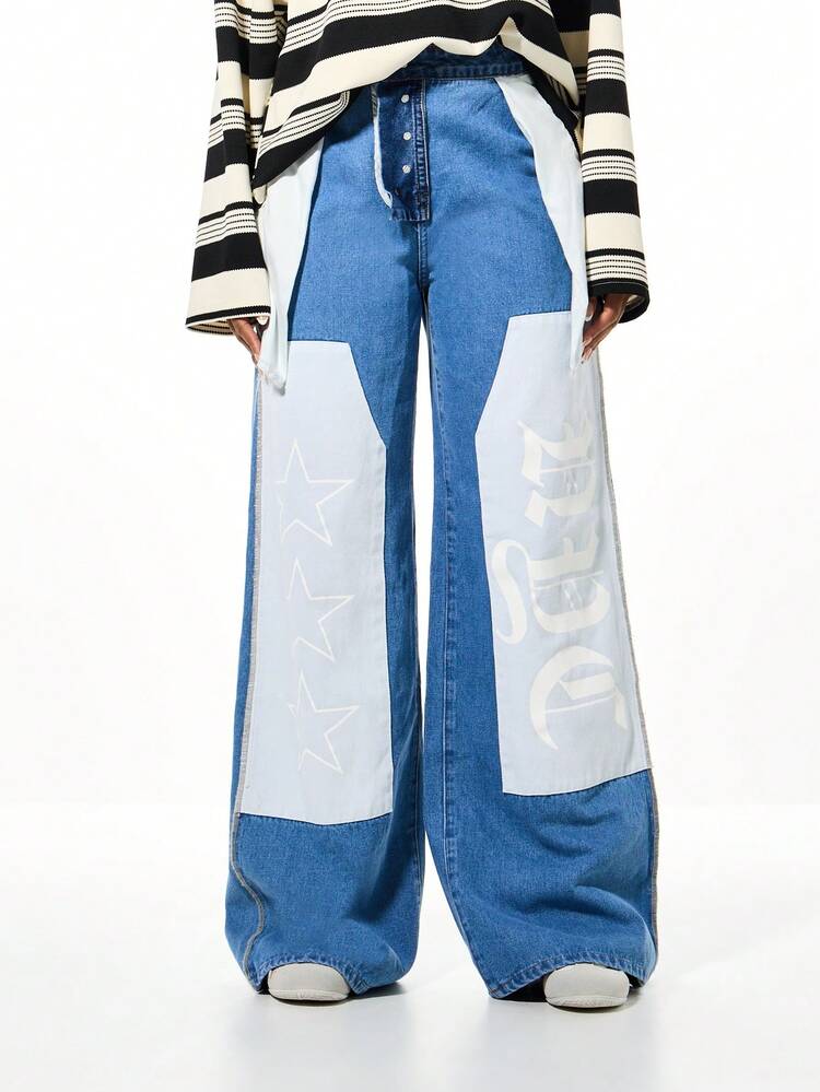 SUMWON WOMEN Indigoblaue Jeans mit weitem Bein und Innenfalten